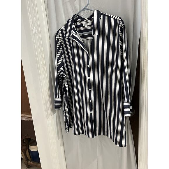 Chicos Blue White Striped Button Front Tunic No Iron Stretch Sz 20 - Picture 1 of 5